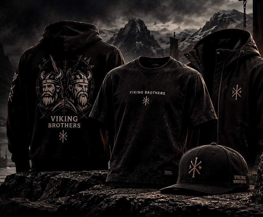 Die erste Kollektion im Überblick: Hoodie, T-Shirt, Jacke und Cap von Viking Brothers.