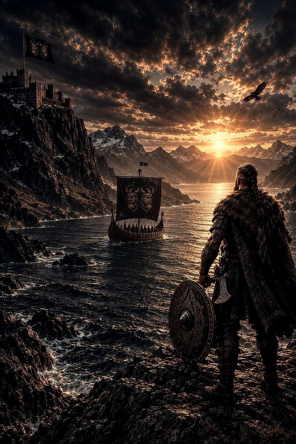 Ein Wikinger mit Fellumhang, Schild und Axt steht auf einer Klippe über dem Fjord, im Hintergrund ein Langschiff mit dem Viking-Brothers-Segel und eine Burg.
